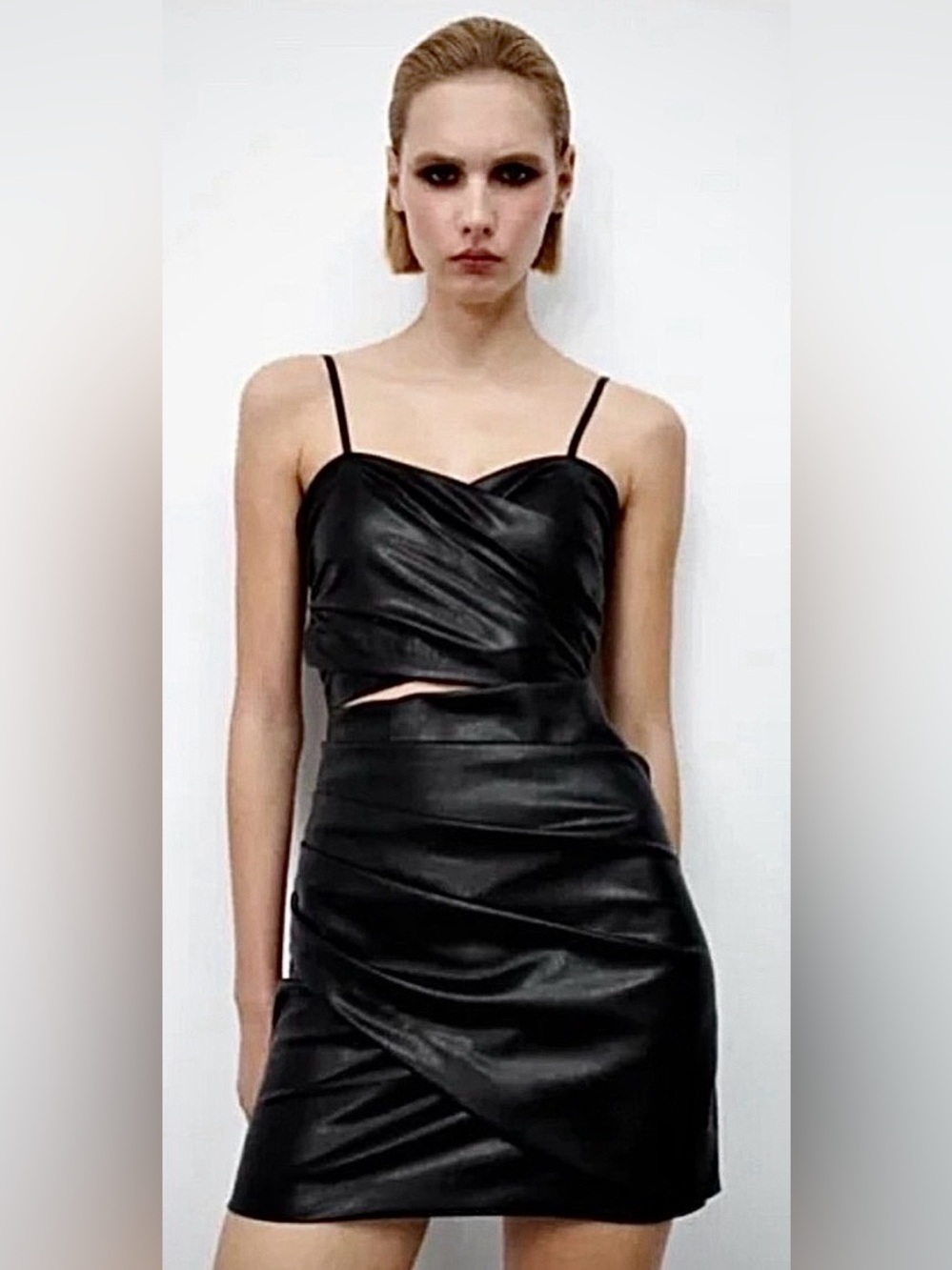 Zara Black Faux Leather Ruched Mini Dress - Women